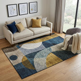5' X 8' Blue Gold And Beige Abstract Geometric Washable Area Rug With UV Protection