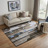 5' X 8' Brown Blue And Beige Geometric Washable Area Rug With UV Protection