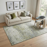 5' X 8' Artichoke Green Gray And Silver Abstract Washable Area Rug With UV Protection
