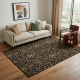 5' X 8' Black Gold And Blue Oriental Washable Area Rug With UV Protection