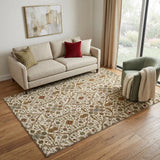 5' X 8' Ivory Red And Gold Oriental Washable Area Rug With UV Protection