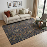 5' X 8' Navy Blue Gold And Copper Oriental Washable Area Rug With UV Protection