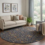 8' Navy Blue Gold And Copper Oriental Washable Round Rug With UV Protection