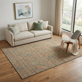 5' X 8' Coral Denim Blue And Green Oriental Washable Area Rug With UV Protection