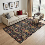 5' X 8' Black Gold Teal And Red Floral Washable Area Rug With UV Protection