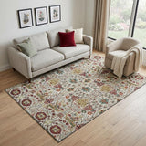 5' X 8' Ivory Gold Red And Teal Floral Washable Area Rug With UV Protection