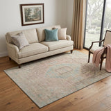 5' X 8' Pink Beige And Teal Tribal Washable Area Rug With UV Protection