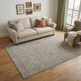 5' X 8' Taupe Teal And Coral Floral Washable Area Rug With UV Protection