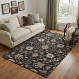 5' X 8' Black Ivory And Beige Floral Washable Area Rug With UV Protection