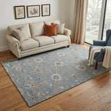 5' X 8' Denim Blue Beige And Copper Floral Washable Area Rug With UV Protection
