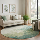 8' Green And Beige Abstract Washable Round Rug With UV Protection
