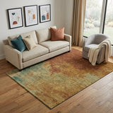 5' X 8' Rust Gold And Teal Abstract Washable Area Rug With UV Protection