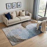 5' X 8' Denim Blue Brown And Beige Geometric Washable Area Rug With UV Protection