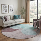 8' Teal Mauve And Blush Geometric Washable Round Rug With UV Protection