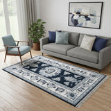 5' X 8' Navy Blue And Ivory Medallion Area Rug