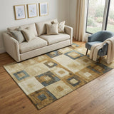 5' X 8' Beige Teal And Gold Geometric Washable Area Rug With UV Protection