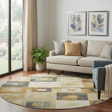 8' Beige Teal And Gold Geometric Washable Round Rug With UV Protection