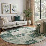 8' Green And Ivory Geometric Washable Round Rug With UV Protection