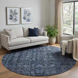 8' Blue And Charcoal Damask Washable Round Rug With UV Protection