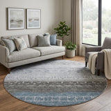 8' Blue Brown And Silver Geometric Washable Round Rug With UV Protection