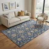5' X 8' Navy Blue Beige And Ivory Moroccan Washable Area Rug With UV Protection