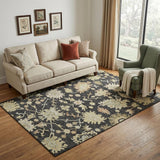 5' X 8' Black Beige And Gold Floral Medallion Washable Area Rug With UV Protection