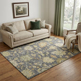 5' X 8' Gray Ivory And Gold Floral Medallion Washable Area Rug With UV Protection