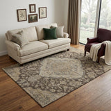 5' X 8' Chocolate Beige And Gray Floral Medallion Washable Area Rug With UV Protection
