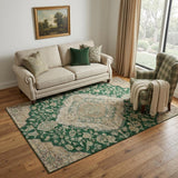 5' X 8' Emerald Beige And Taupe Floral Medallion Washable Area Rug With UV Protection