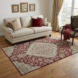 5' X 8' Burgundy Beige And Gray Floral Medallion Washable Area Rug With UV Protection