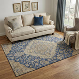 5' X 8' Navy Blue Beige And Gray Floral Medallion Washable Area Rug With UV Protection