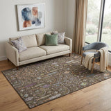 5' X 8' Brown Blue And Purple Floral Washable Area Rug With UV Protection