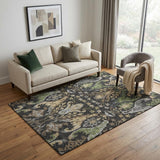 5' X 8' Black Olive Green And Gray Floral Washable Area Rug With UV Protection