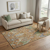 5' X 8' Copper Gray And Olive Green Floral Washable Area Rug With UV Protection