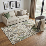 5' X 8' Ivory Olive Green And Brown Floral Washable Area Rug With UV Protection
