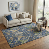 5' X 8' Navy Blue Olive Green And Brown Floral Washable Area Rug With UV Protection