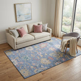 5' X 8' Blue Blush And Gold Floral Washable Area Rug With UV Protection