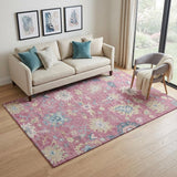 5' X 8' Pink Blue And Beige Floral Washable Area Rug With UV Protection