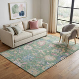 5' X 8' Sage Beige And Blue Floral Washable Area Rug With UV Protection