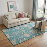5' X 8' Teal Beige And Pink Floral Washable Area Rug With UV Protection