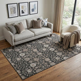 5' X 8' Black Beige And Brown Floral Washable Area Rug With UV Protection