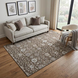 5' X 8' Chocolate Beige And Gray Floral Washable Area Rug With UV Protection