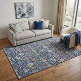 5' X 8' Navy Blue Brown And Beige Floral Washable Area Rug With UV Protection