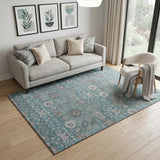 5' X 8' Teal Gray And Silver Floral Washable Area Rug With UV Protection