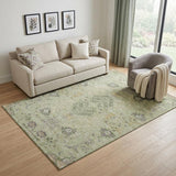 5' X 8' Artichoke Green Gold And Beige Floral Washable Area Rug With UV Protection
