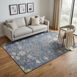 5' X 8' Blue Beige And Gray Floral Washable Area Rug With UV Protection