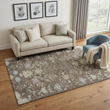 5' X 8' Brown Beige And Blue Floral Washable Area Rug With UV Protection