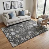 5' X 8' Charcoal Gray And Silver Floral Washable Area Rug With UV Protection