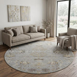 8' Gray Ivory And Gold Floral Washable Round Rug With UV Protection