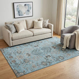 5' X 8' Sky Blue Beige And Gray Floral Washable Area Rug With UV Protection
